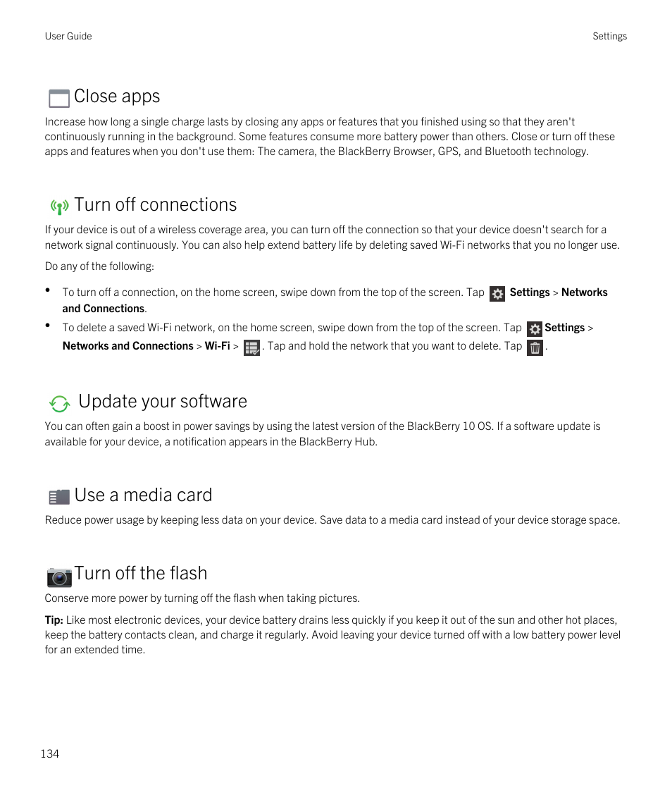 Close apps, Turn off connections, Update your software | Use a media card, Turn off the flash | Blackberry Passport User Manual | Page 134 / 278