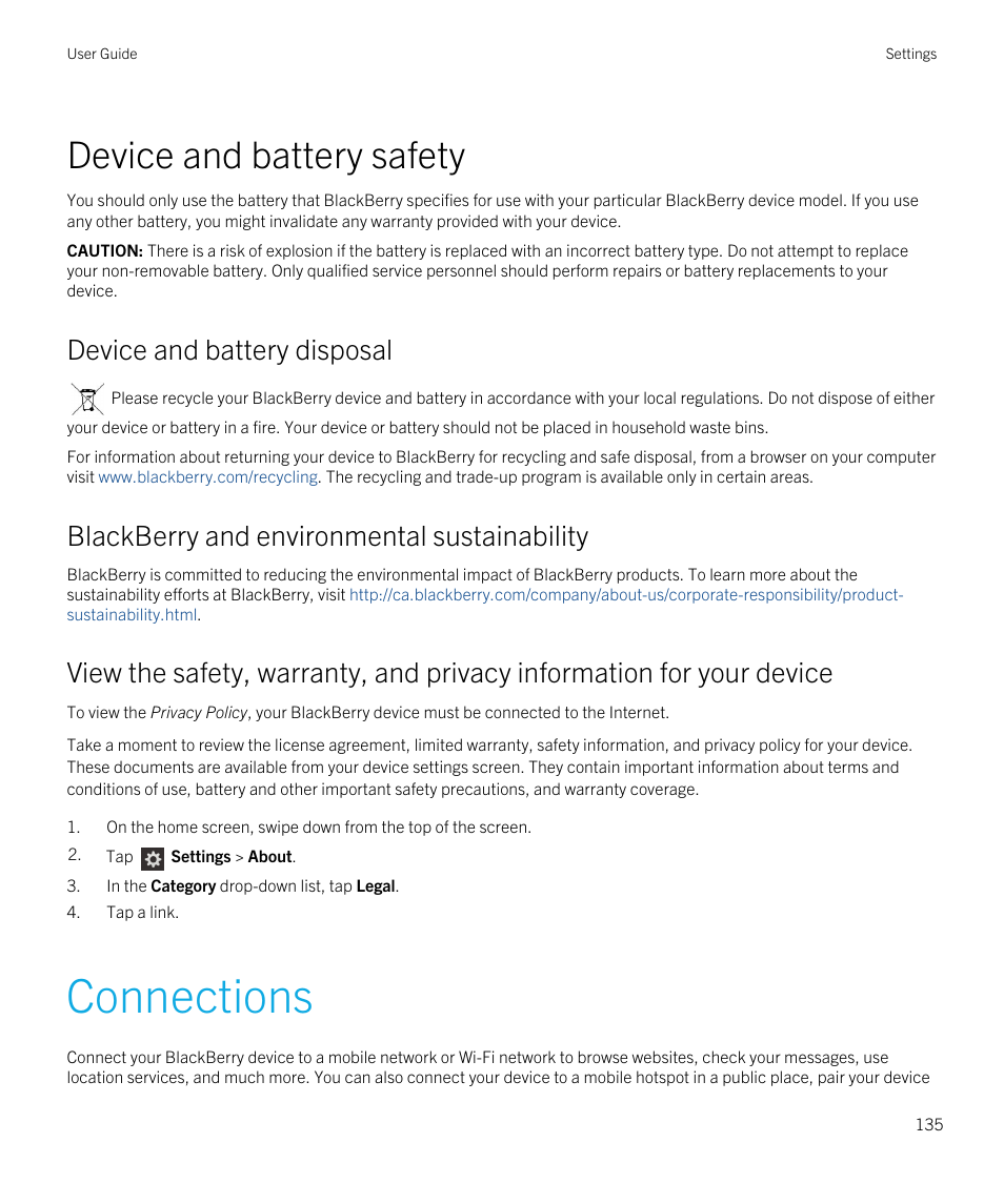 Device and battery safety, Connections, Device and battery disposal | Blackberry and environmental sustainability | Blackberry Passport User Manual | Page 135 / 278