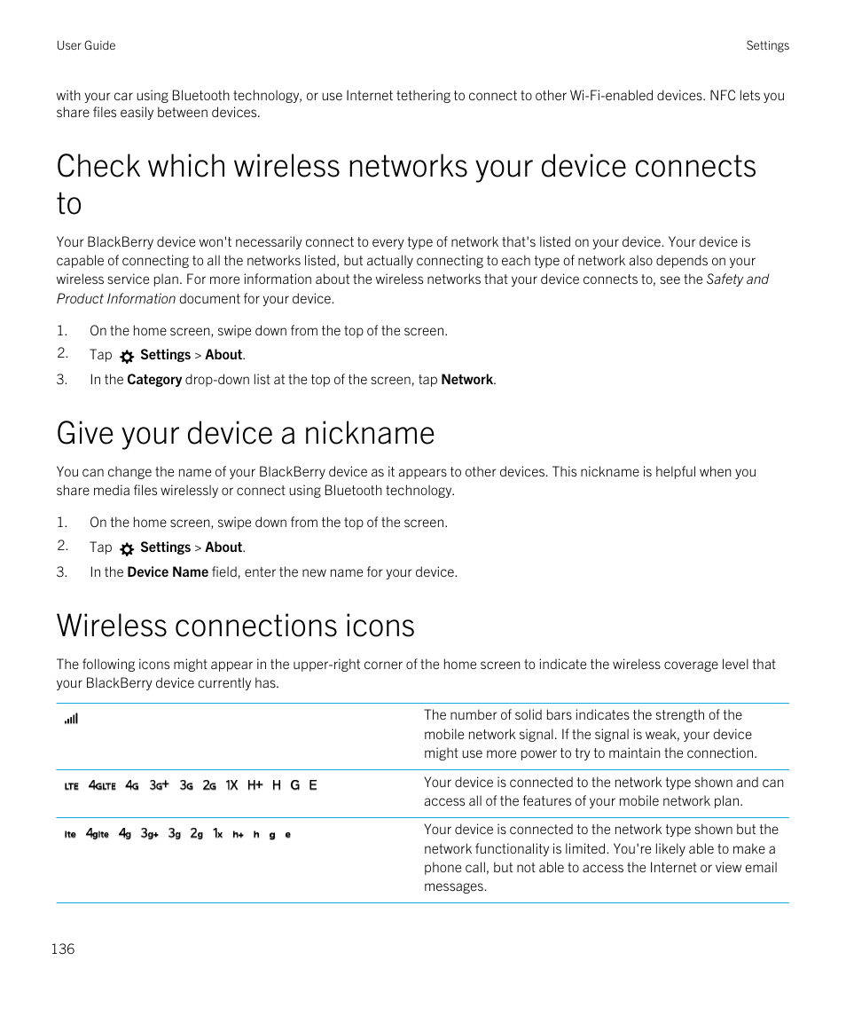 Give your device a nickname, Wireless connections icons | Blackberry Passport User Manual | Page 136 / 278