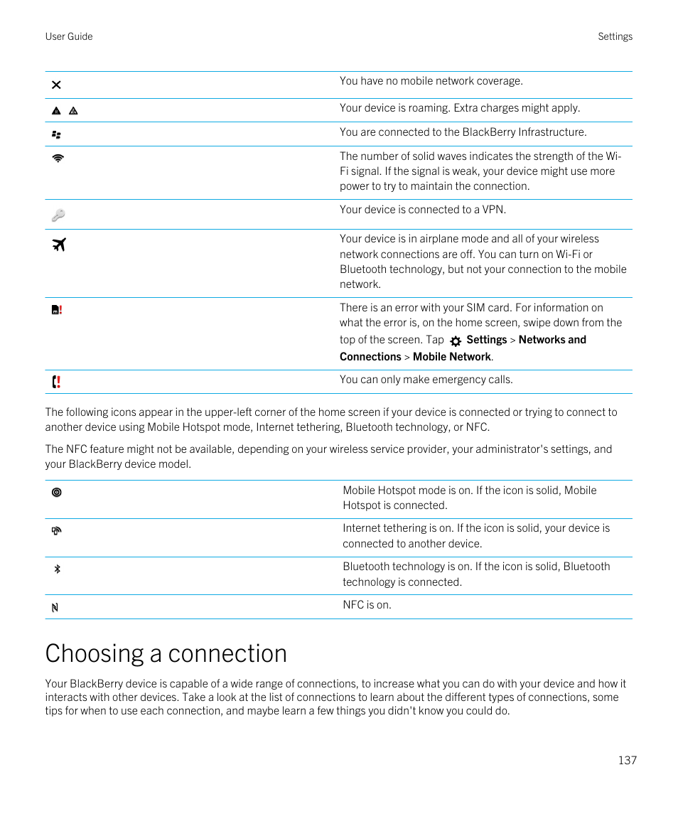 Choosing a connection | Blackberry Passport User Manual | Page 137 / 278