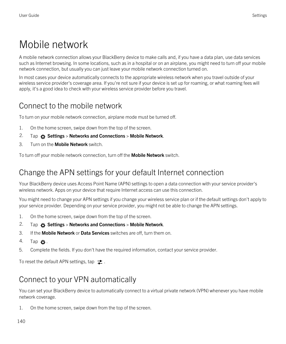 Mobile network, Connect to the mobile network, Connect to your vpn automatically | Blackberry Passport User Manual | Page 140 / 278