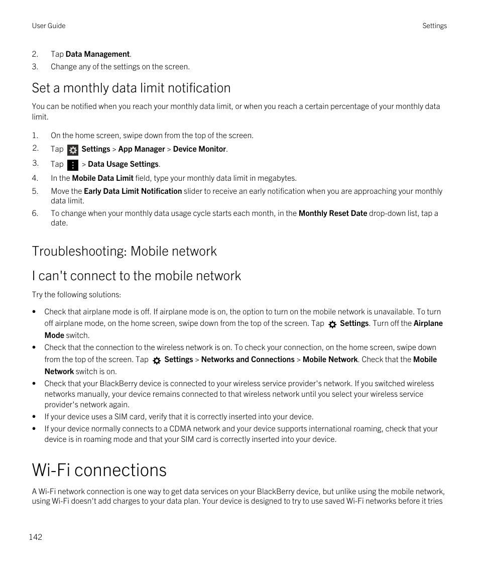 Set a monthly data limit notification, Troubleshooting: mobile network, Wi-fi connections | Blackberry Passport User Manual | Page 142 / 278