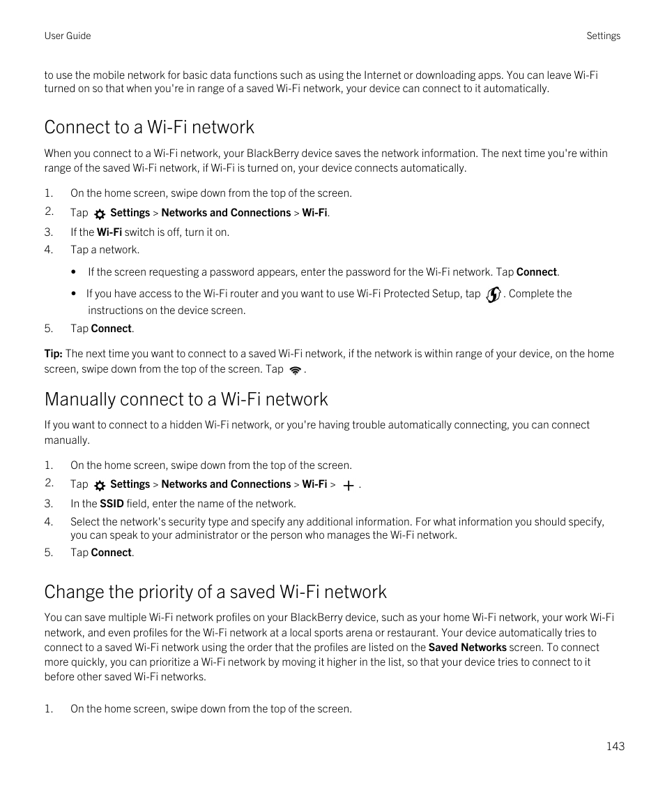 Connect to a wi-fi network, Change the priority of a saved wi-fi network, Manually connect to a wi-fi network | Blackberry Passport User Manual | Page 143 / 278