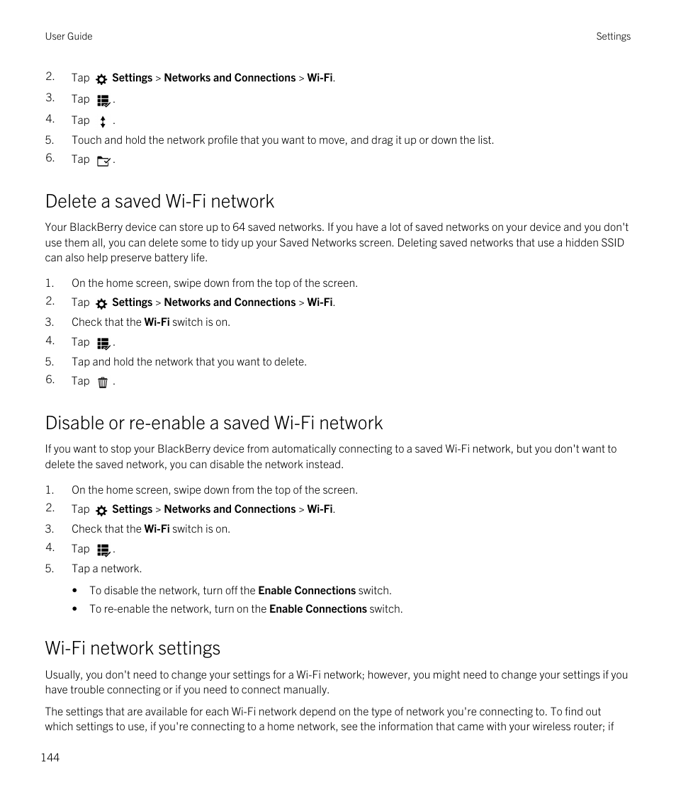 Delete a saved wi-fi network, Disable or re-enable a saved wi-fi network, Wi-fi network settings | Blackberry Passport User Manual | Page 144 / 278