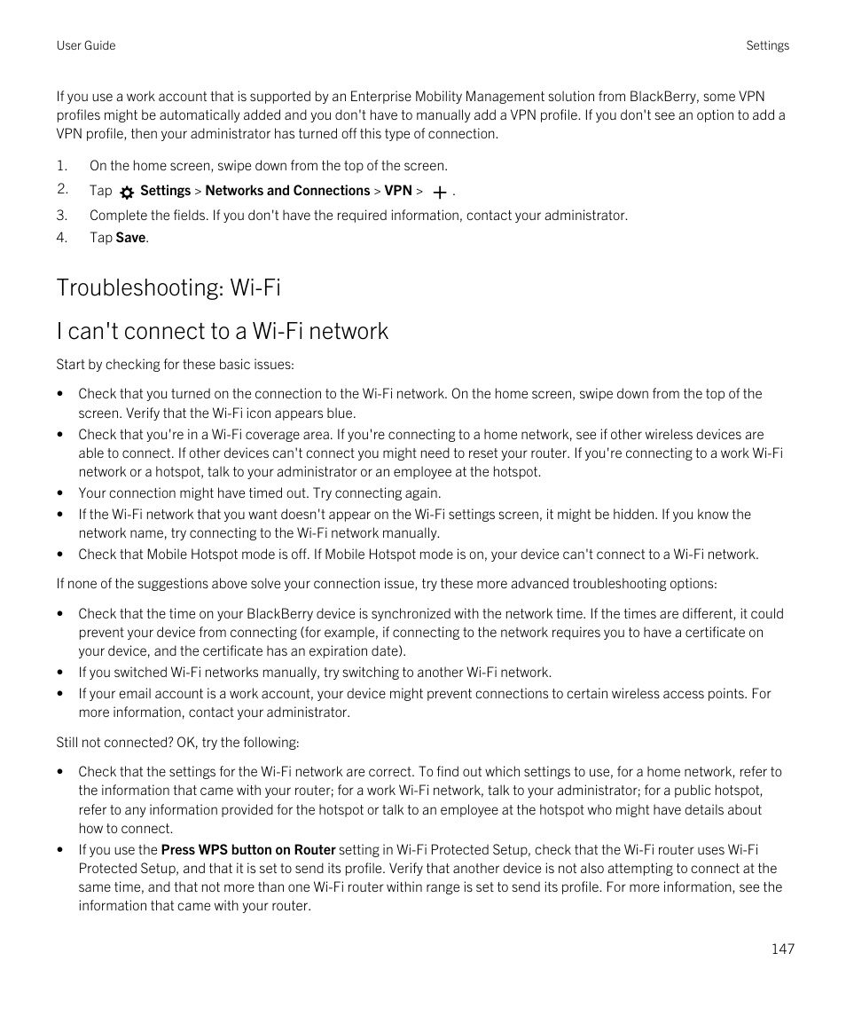 Troubleshooting: wi-fi | Blackberry Passport User Manual | Page 147 / 278