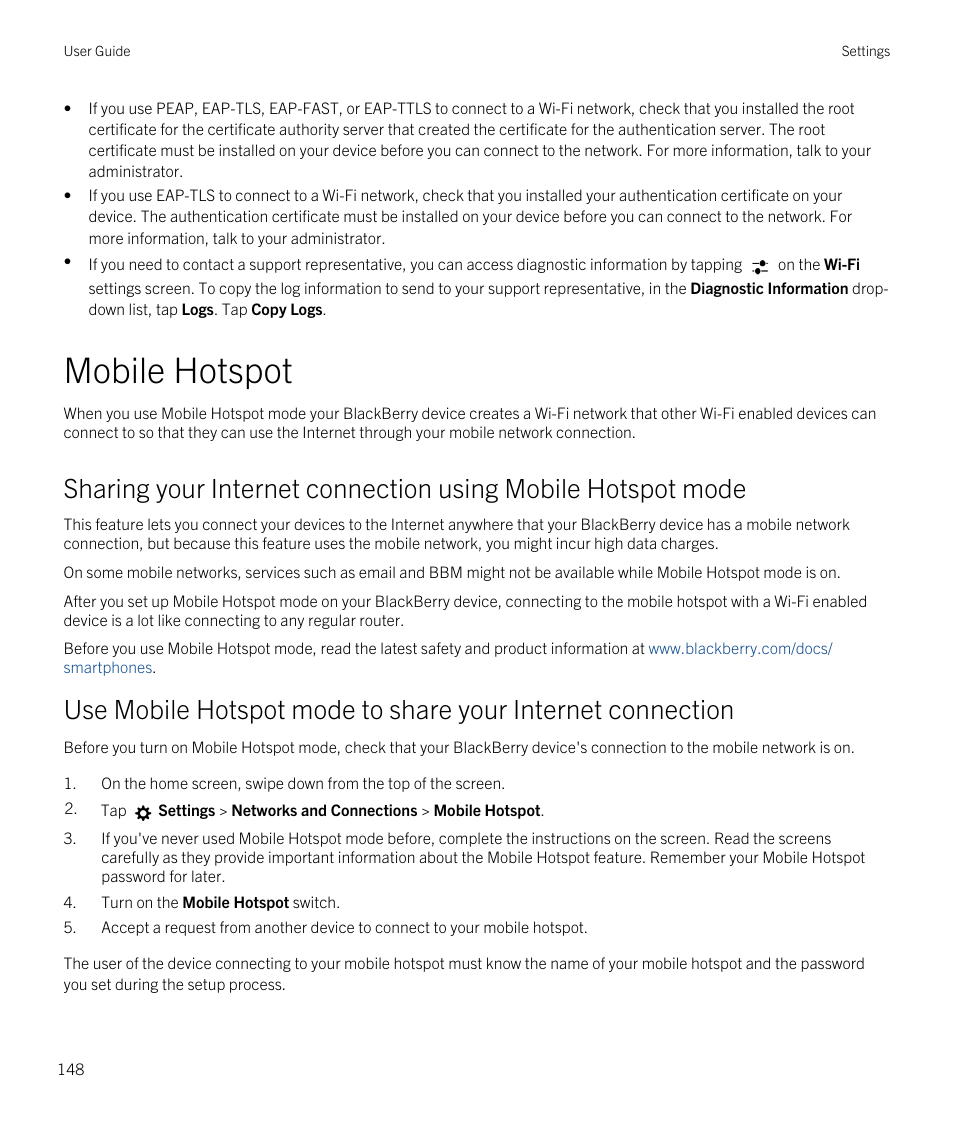 Mobile hotspot | Blackberry Passport User Manual | Page 148 / 278