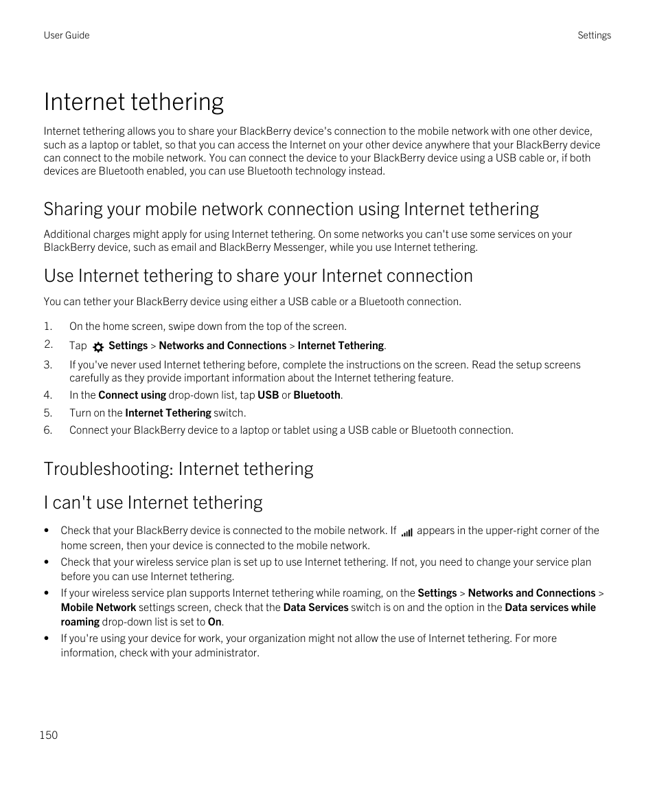 Internet tethering, Troubleshooting: internet tethering | Blackberry Passport User Manual | Page 150 / 278