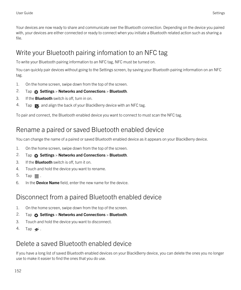 Rename a paired or saved bluetooth enabled device, Disconnect from a paired bluetooth enabled device, Delete a saved bluetooth enabled device | Blackberry Passport User Manual | Page 152 / 278