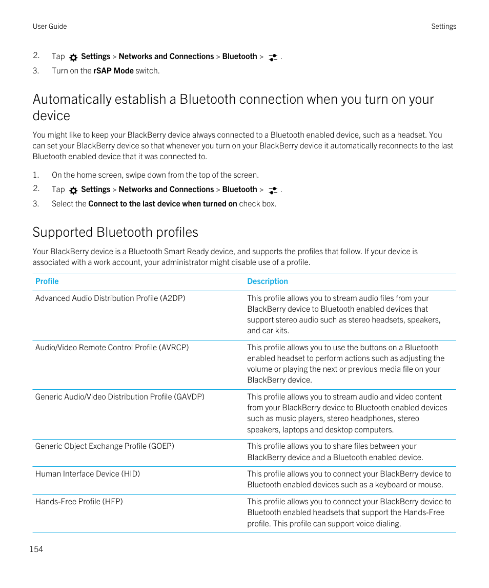 Supported bluetooth profiles | Blackberry Passport User Manual | Page 154 / 278