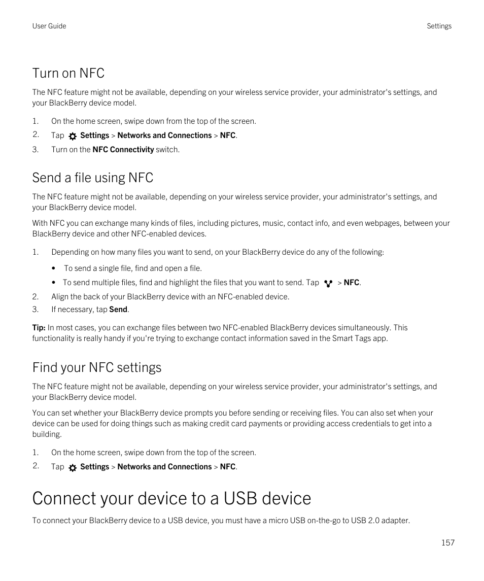 Turn on nfc, Send a file using nfc, Find your nfc settings | Connect your device to a usb device | Blackberry Passport User Manual | Page 157 / 278