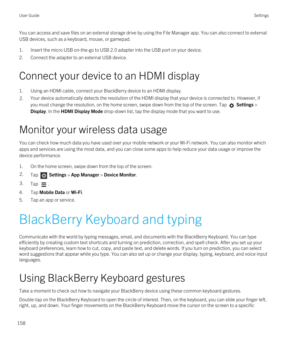 Connect your device to an hdmi display, Monitor your wireless data usage, Blackberry keyboard and typing | Using blackberry keyboard gestures | Blackberry Passport User Manual | Page 158 / 278