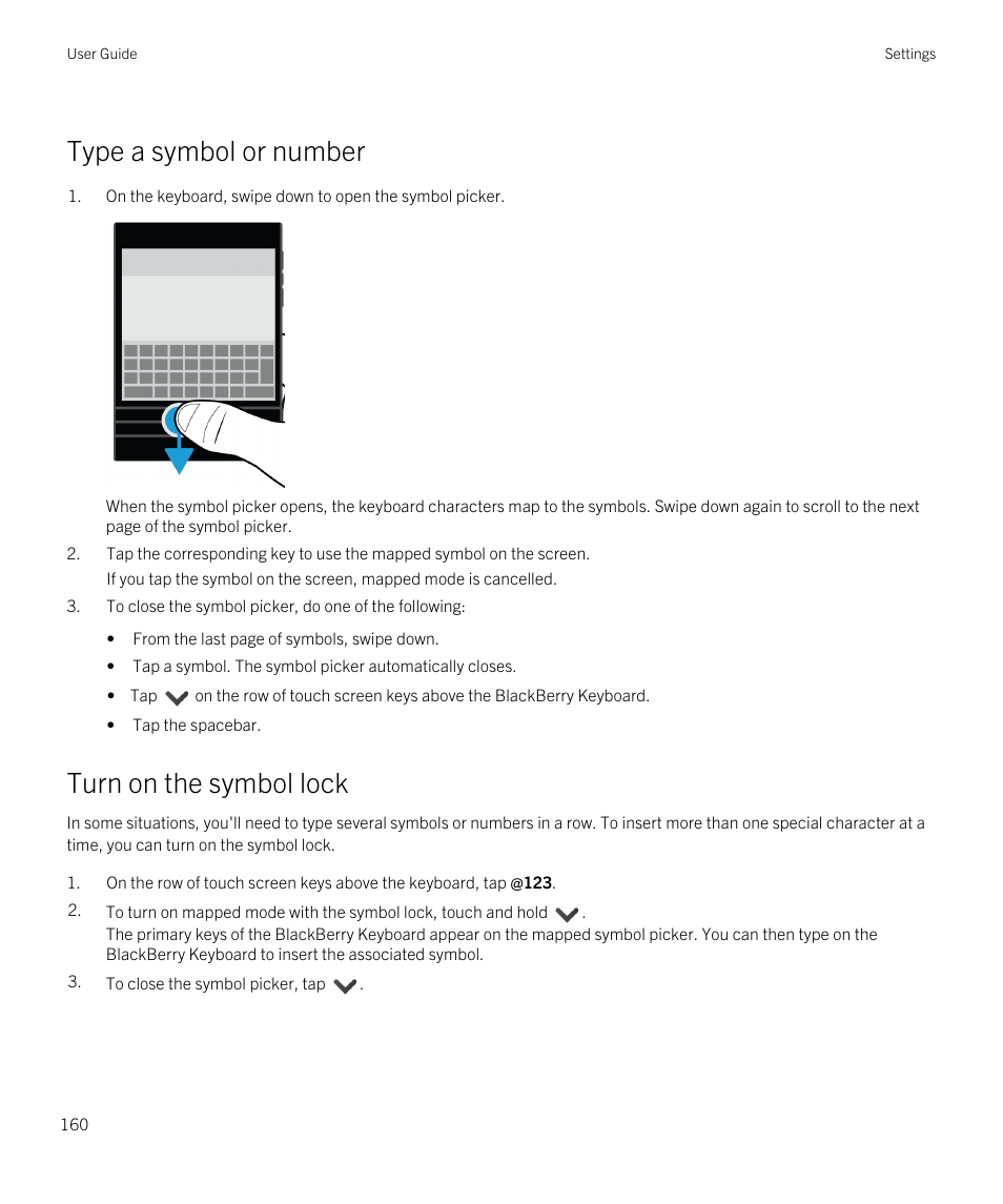 Type a symbol or number, Turn on the symbol lock | Blackberry Passport User Manual | Page 160 / 278