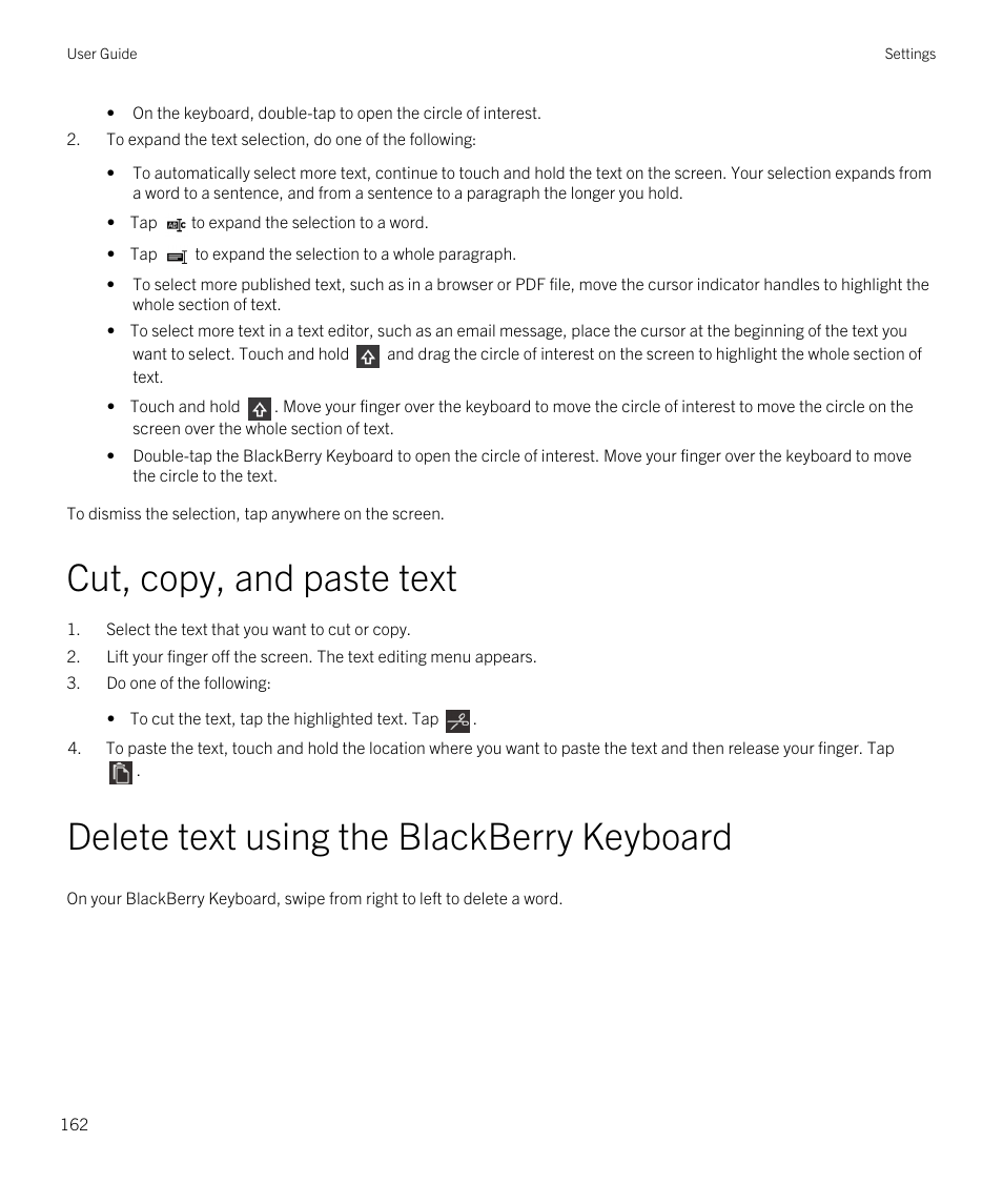 Cut, copy, and paste text, Delete text using the blackberry keyboard | Blackberry Passport User Manual | Page 162 / 278