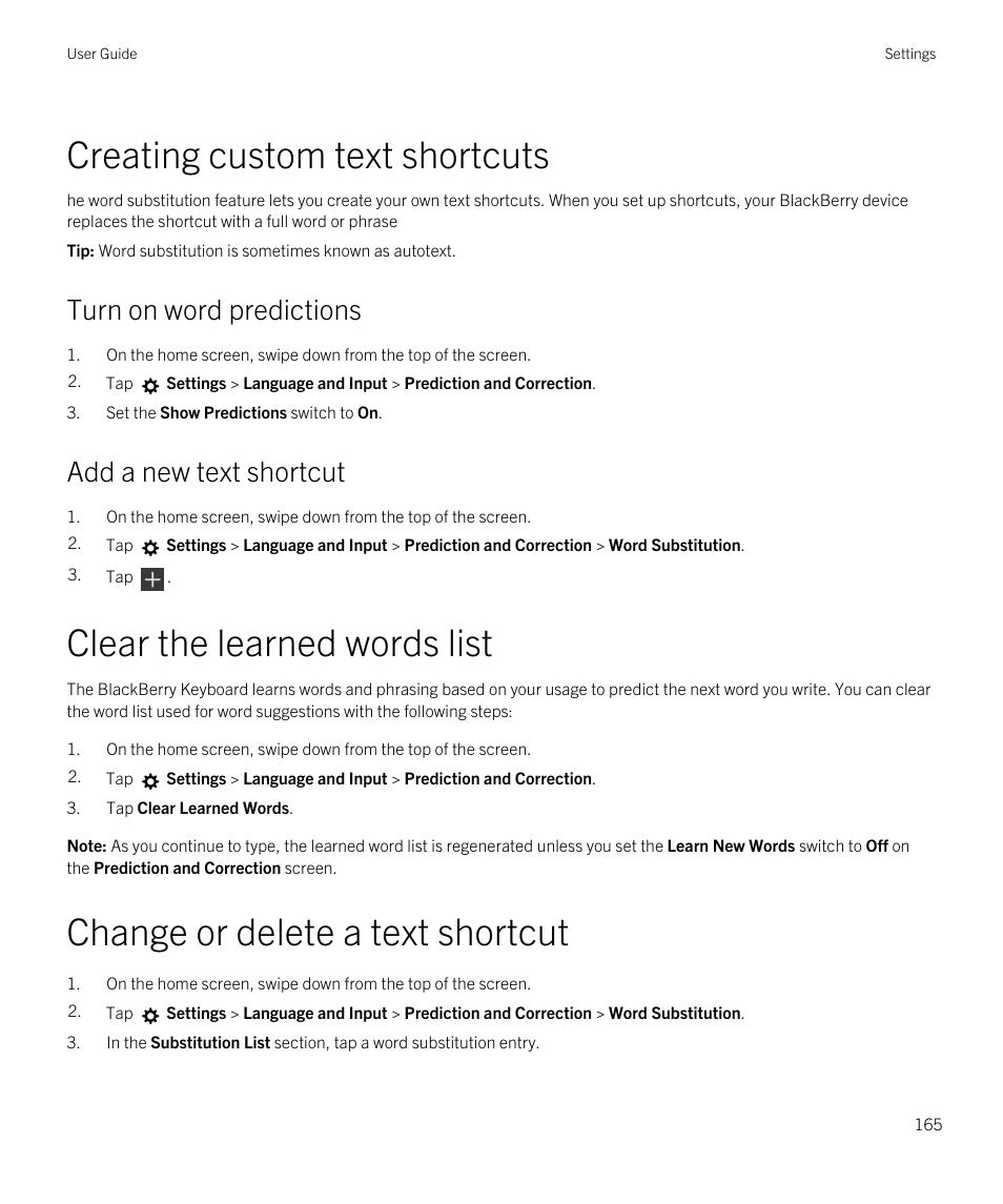 Creating custom text shortcuts, Turn on word predictions, Add a new text shortcut | Clear the learned words list, Change or delete a text shortcut | Blackberry Passport User Manual | Page 165 / 278