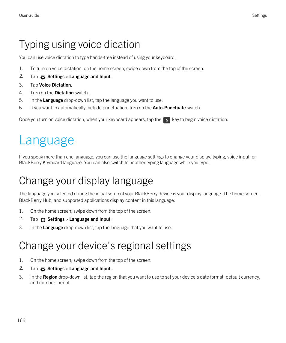 Typing using voice dication, Language, Change your display language | Change your device's regional settings | Blackberry Passport User Manual | Page 166 / 278