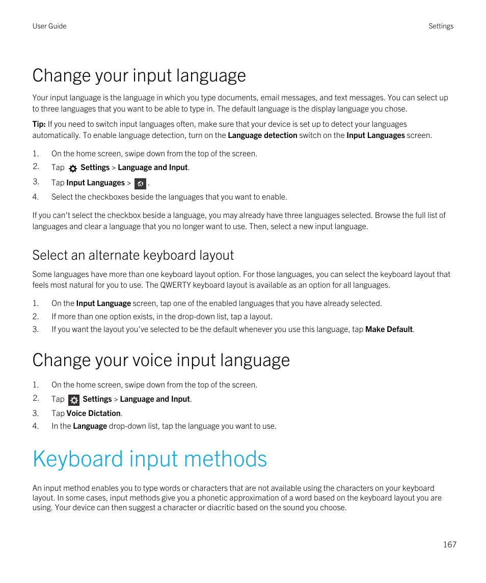 Change your input language, Select an alternate keyboard layout, Change your voice input language | Keyboard input methods | Blackberry Passport User Manual | Page 167 / 278