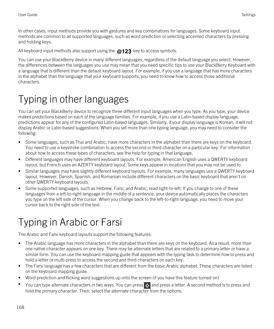 Typing in other languages, Typing in arabic or farsi | Blackberry Passport User Manual | Page 168 / 278