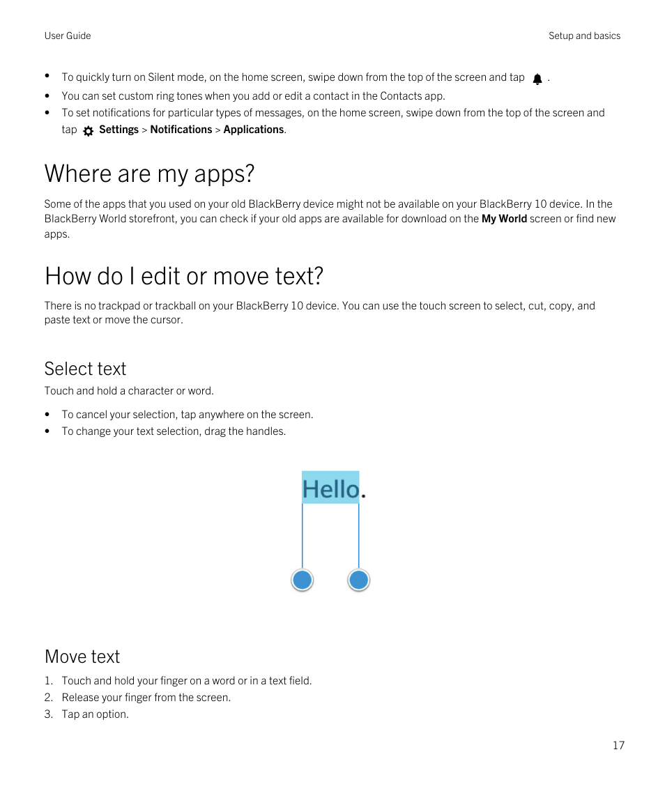 Where are my apps, How do i edit or move text, Select text | Move text | Blackberry Passport User Manual | Page 17 / 278