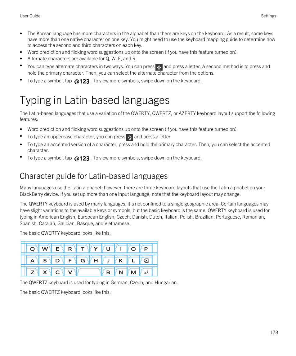 Typing in latin-based languages, Character guide for latin-based languages | Blackberry Passport User Manual | Page 173 / 278