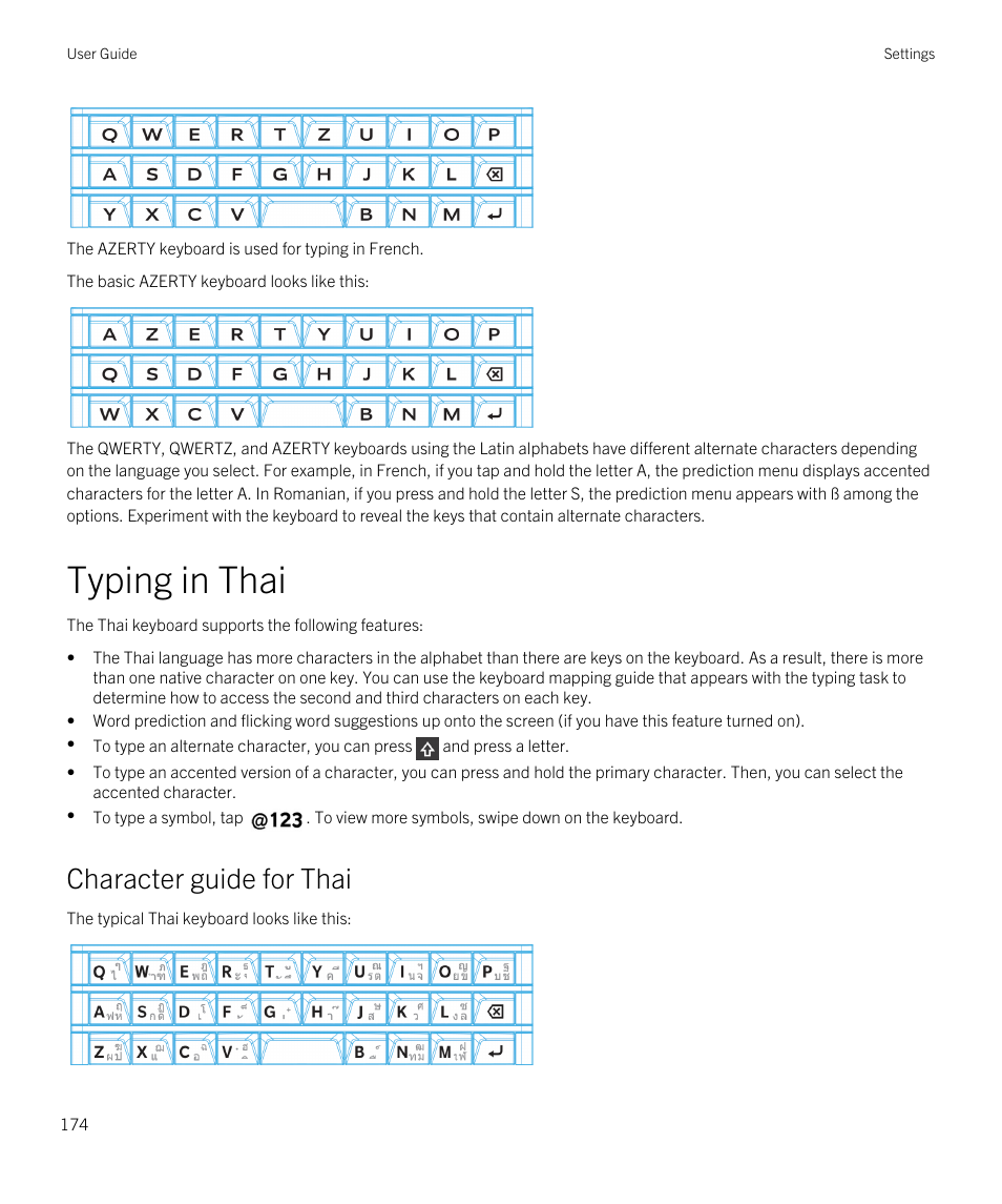 Typing in thai, Character guide for thai | Blackberry Passport User Manual | Page 174 / 278