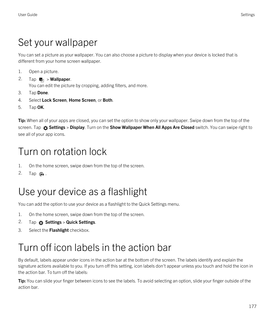 Set your wallpaper, Turn on rotation lock, Use your device as a flashlight | Turn off icon labels in the action bar | Blackberry Passport User Manual | Page 177 / 278