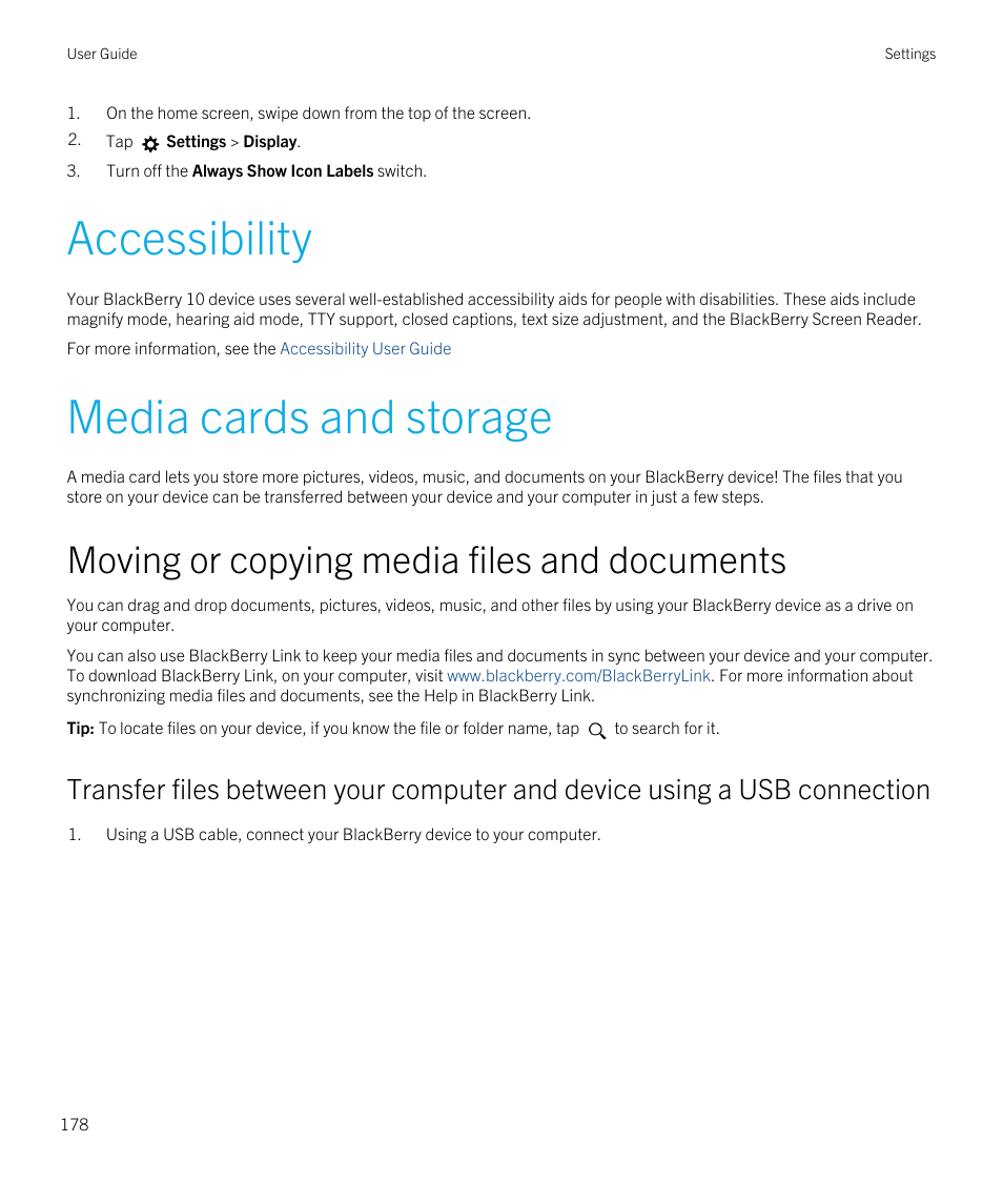 Accessibility, Media cards and storage, Moving or copying media files and documents | Accessibility media cards and storage | Blackberry Passport User Manual | Page 178 / 278