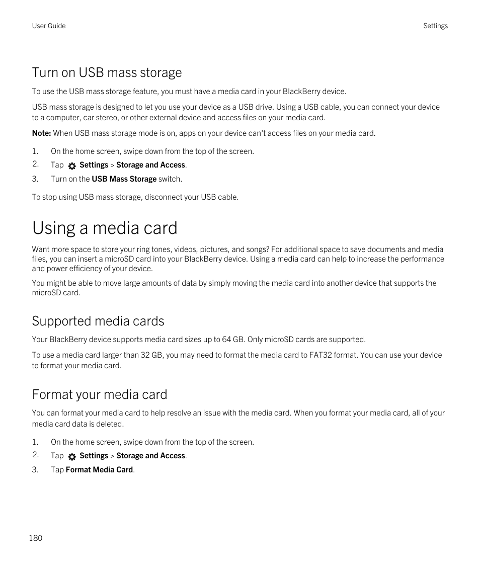 Using a media card, Turn on usb mass storage, Supported media cards | Format your media card | Blackberry Passport User Manual | Page 180 / 278