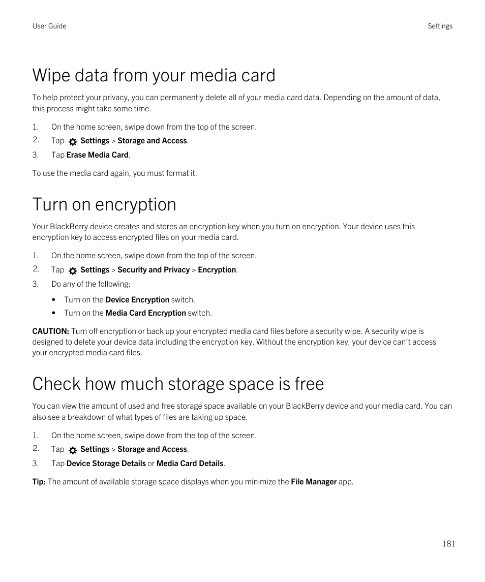 Wipe data from your media card, Check how much storage space is free, Turn on encryption | Blackberry Passport User Manual | Page 181 / 278