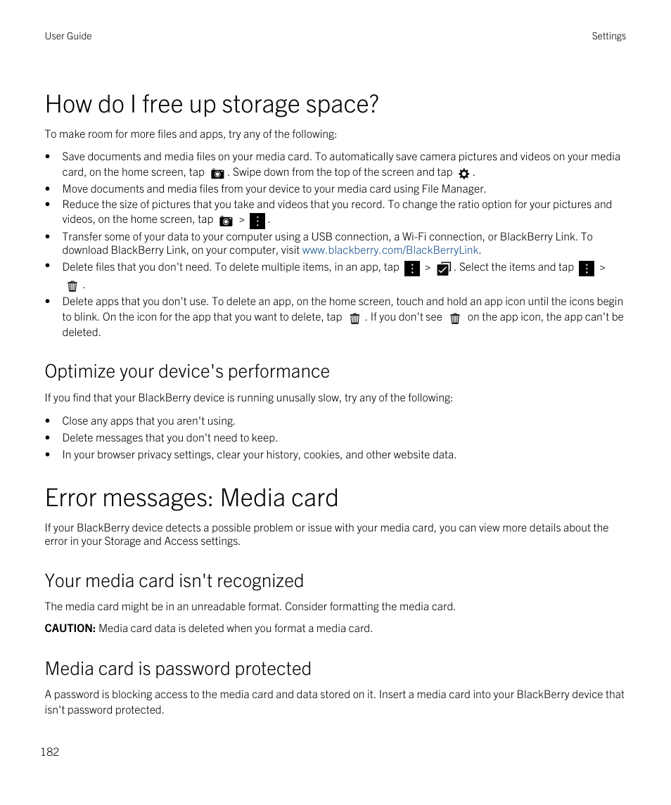 How do i free up storage space, Error messages: media card, Optimize your device's performance | Your media card isn't recognized, Media card is password protected | Blackberry Passport User Manual | Page 182 / 278