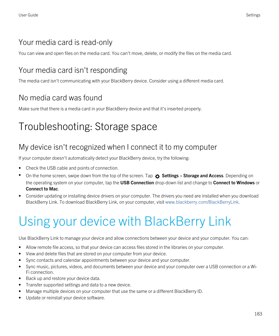 Troubleshooting: storage space, Using your device with blackberry link, Your media card is read-only | Your media card isn't responding, No media card was found | Blackberry Passport User Manual | Page 183 / 278