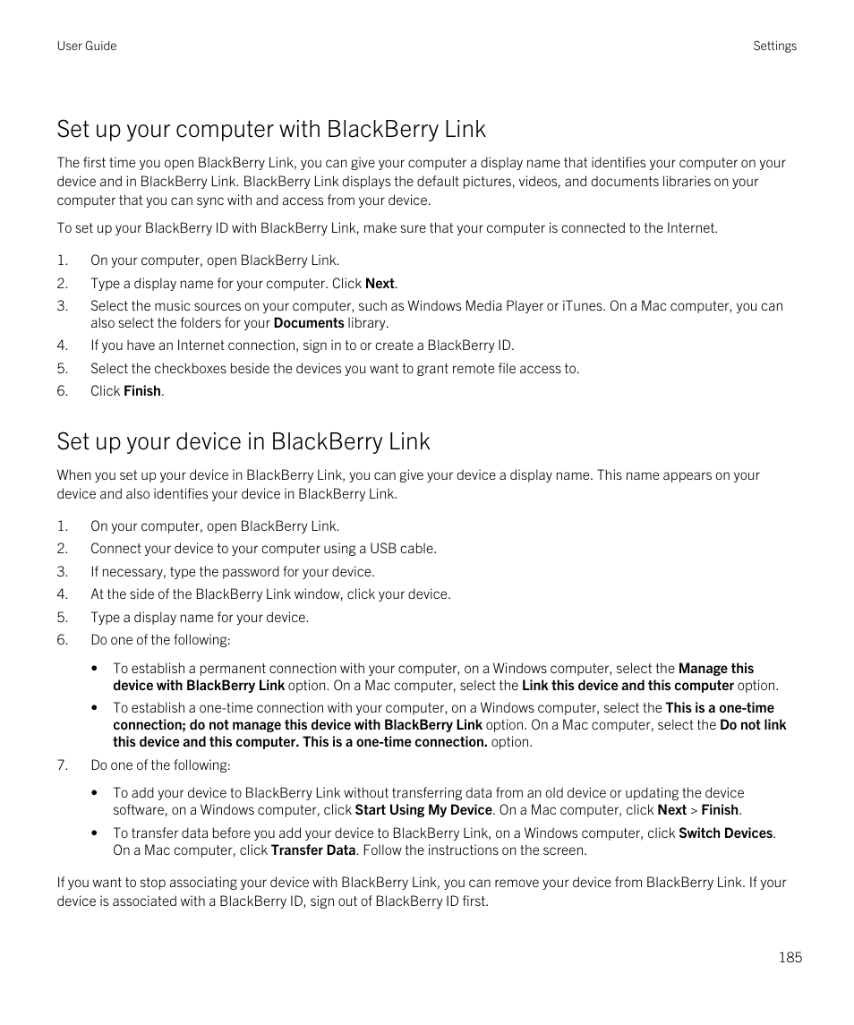 Set up your computer with blackberry link, Set up your device in blackberry link | Blackberry Passport User Manual | Page 185 / 278