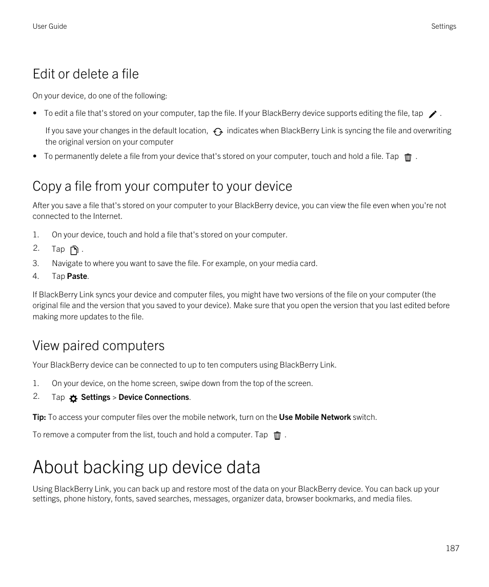 About backing up device data, Edit or delete a file, Copy a file from your computer to your device | View paired computers | Blackberry Passport User Manual | Page 187 / 278