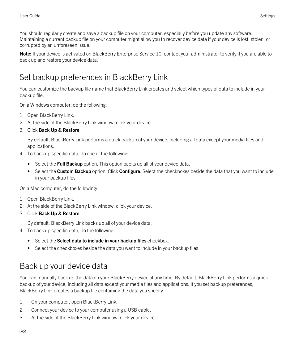 Set backup preferences in blackberry link, Back up your device data | Blackberry Passport User Manual | Page 188 / 278