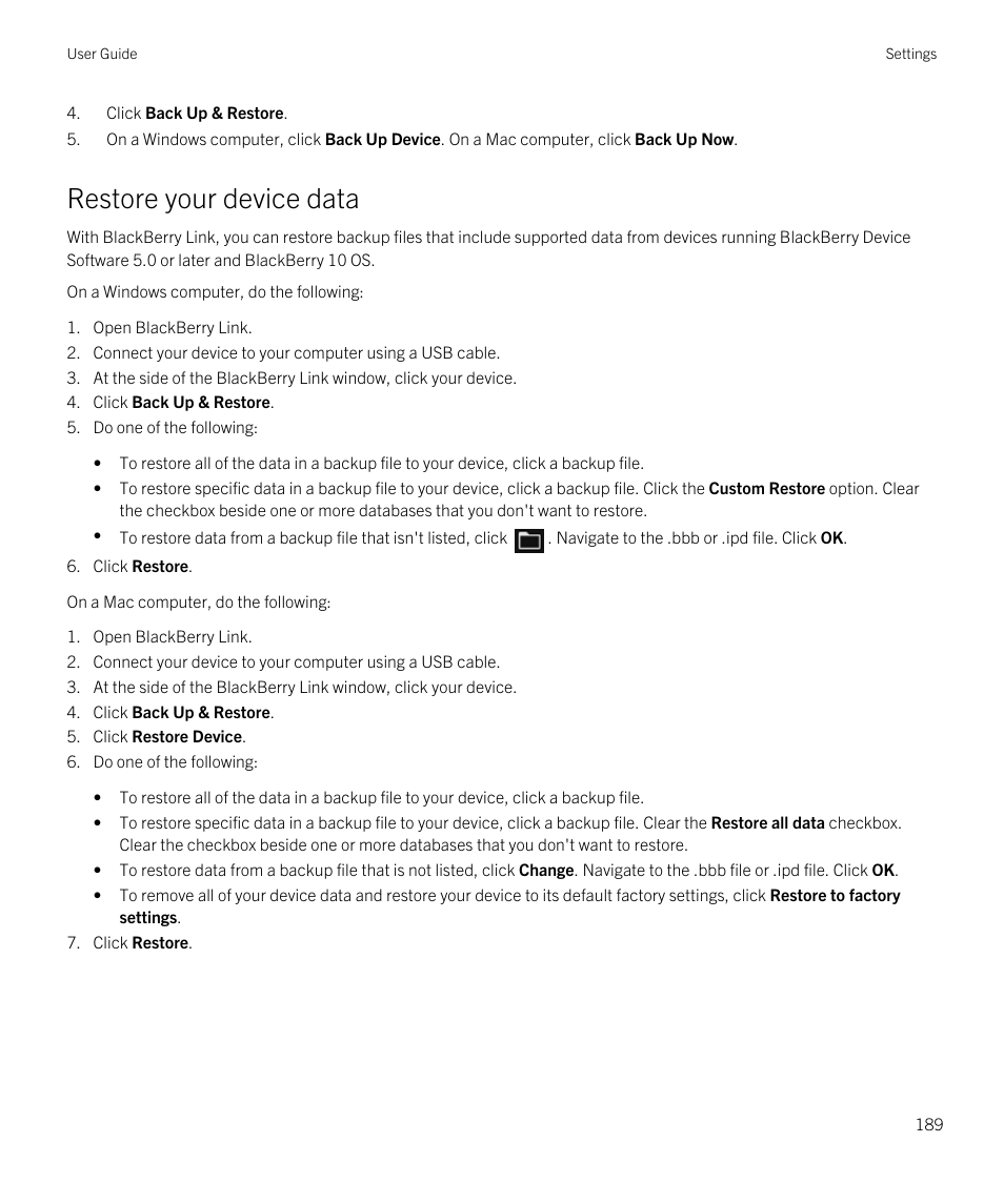 Restore your device data | Blackberry Passport User Manual | Page 189 / 278