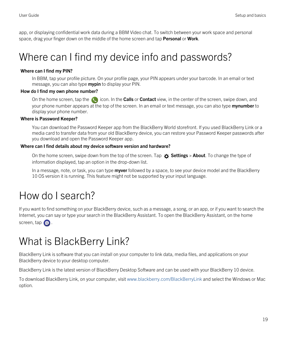 Where can i find my device info and passwords, How do i search, What is blackberry link | Blackberry Passport User Manual | Page 19 / 278