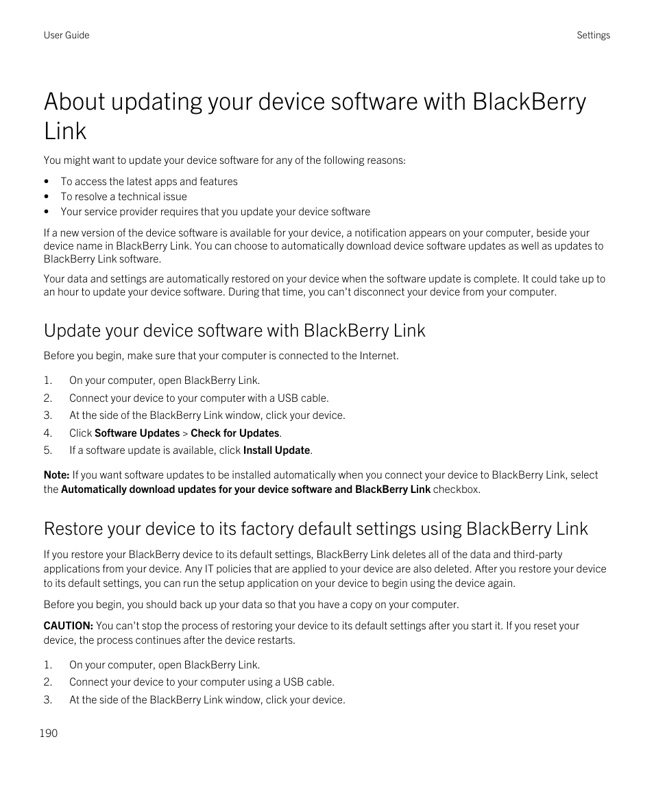 Update your device software with blackberry link | Blackberry Passport User Manual | Page 190 / 278