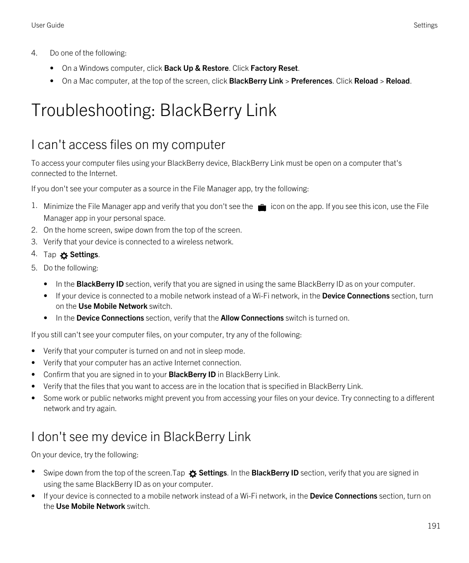 Troubleshooting: blackberry link, I can't access files on my computer, I don't see my device in blackberry link | Blackberry Passport User Manual | Page 191 / 278