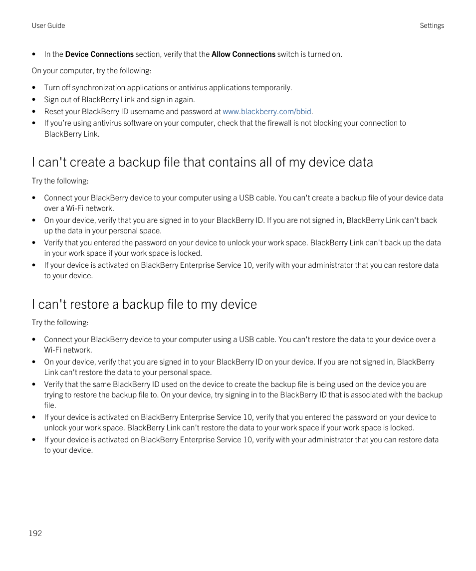 I can't restore a backup file to my device | Blackberry Passport User Manual | Page 192 / 278