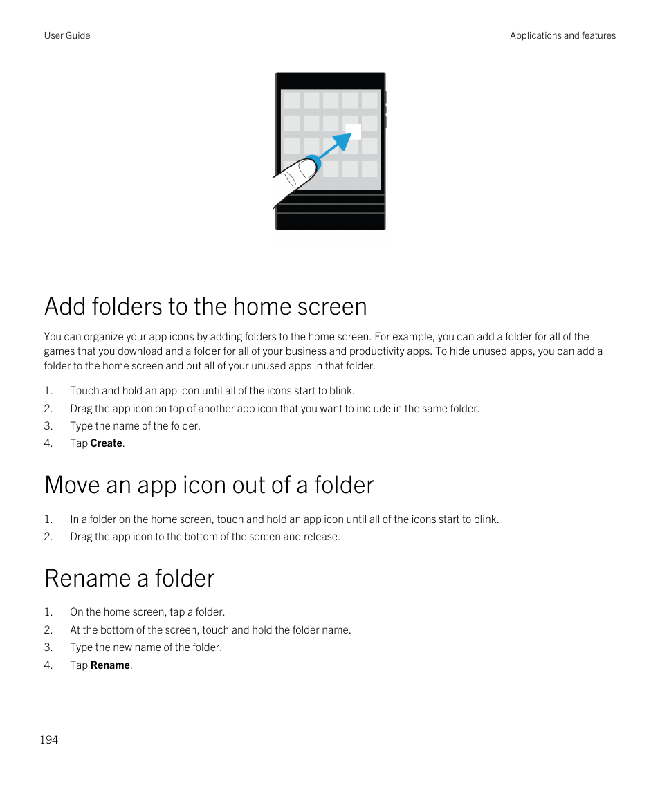 Add folders to the home screen, Move an app icon out of a folder, Rename a folder | Blackberry Passport User Manual | Page 194 / 278