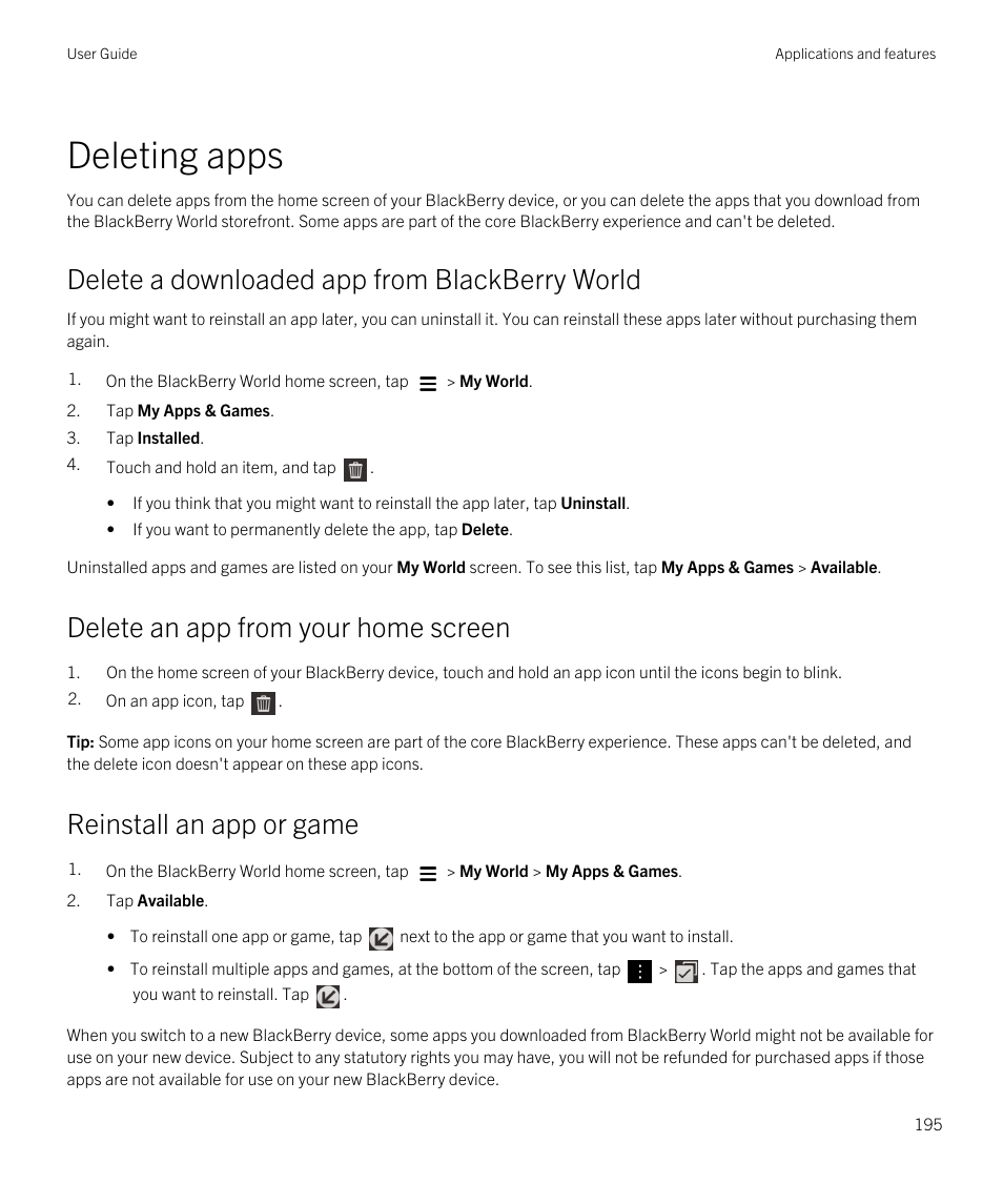 Deleting apps, Delete a downloaded app from blackberry world, Delete an app from your home screen | Reinstall an app or game | Blackberry Passport User Manual | Page 195 / 278