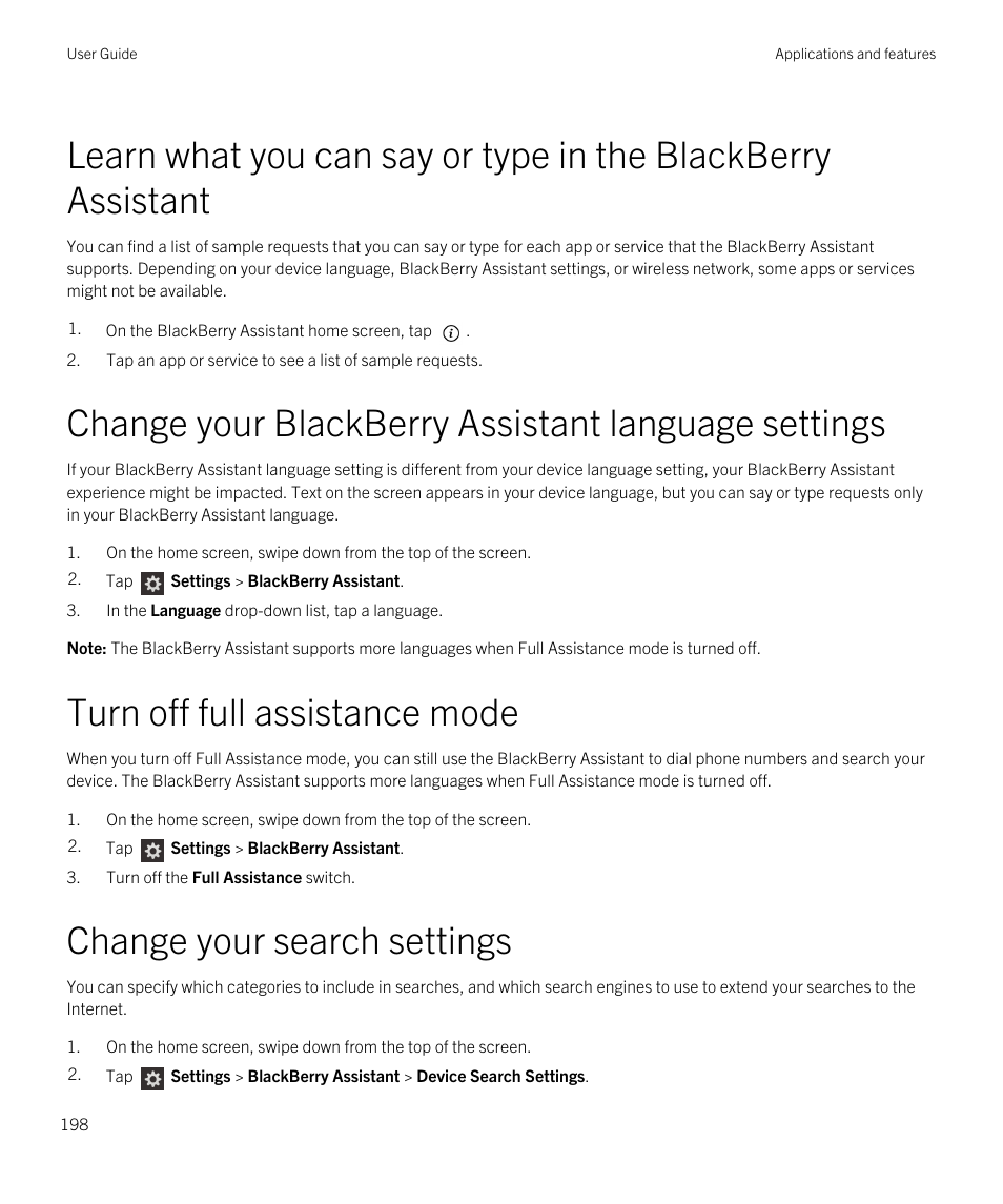 Change your blackberry assistant language settings, Turn off full assistance mode, Change your search settings | Blackberry Passport User Manual | Page 198 / 278