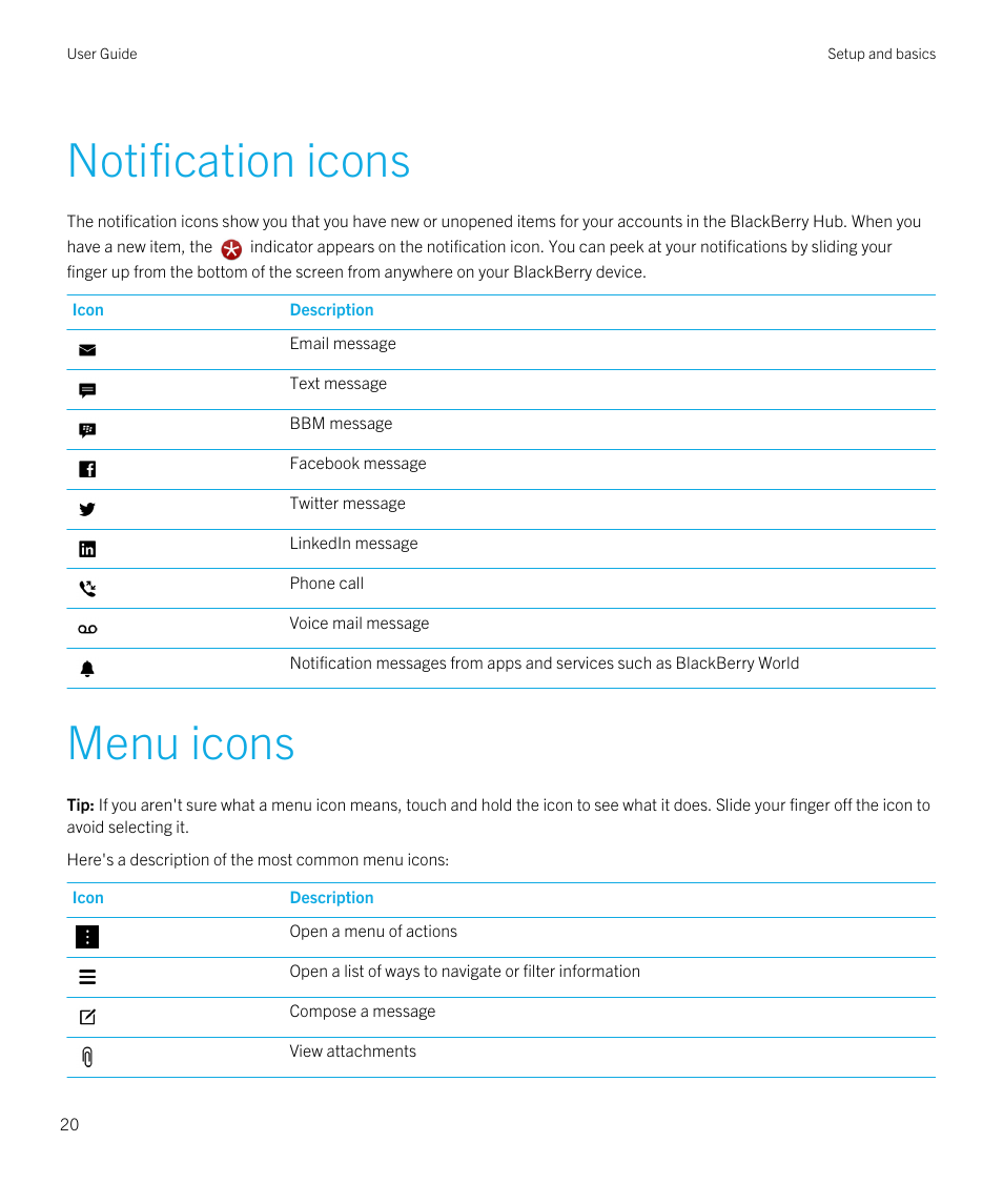 Notification icons, Menu icons, Notification icons menu icons | Blackberry Passport User Manual | Page 20 / 278