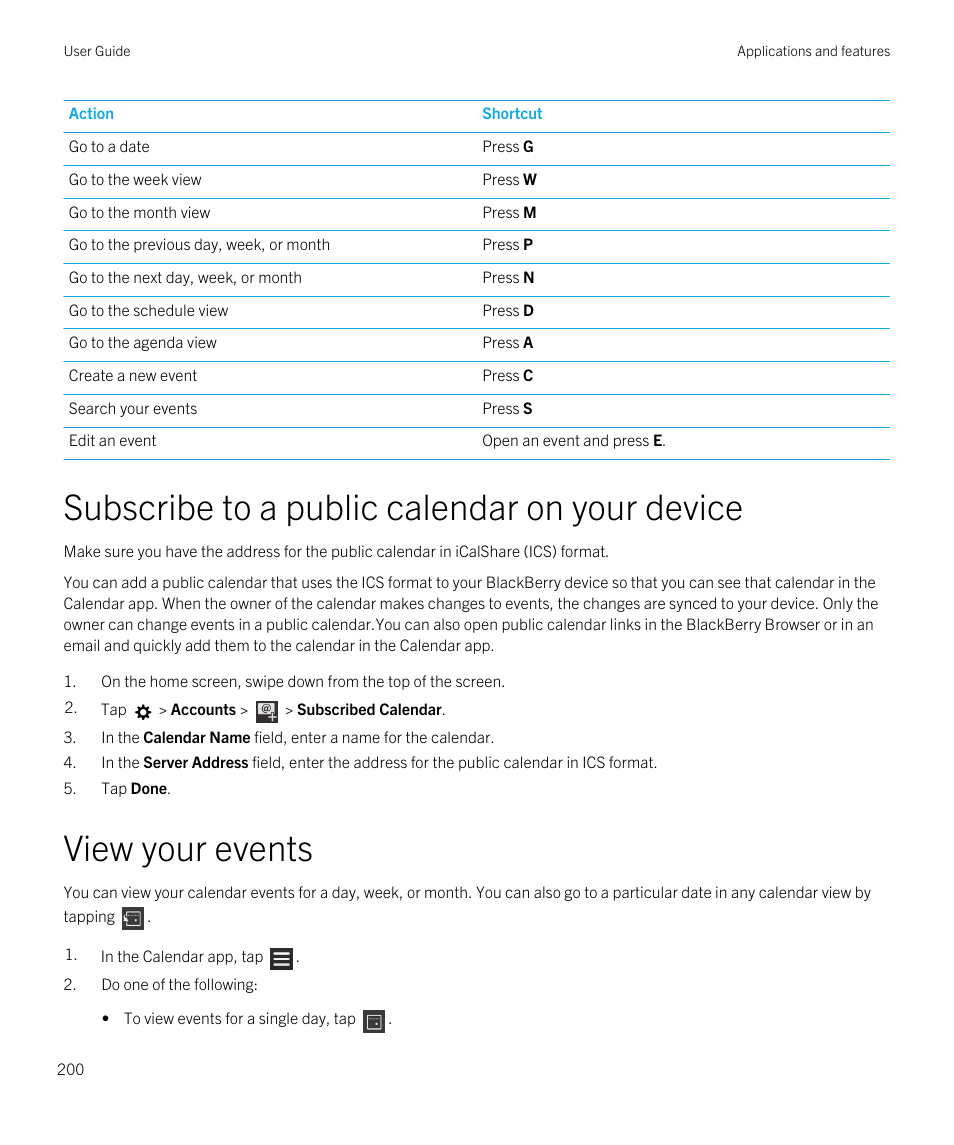 Subscribe to a public calendar on your device, View your events | Blackberry Passport User Manual | Page 200 / 278