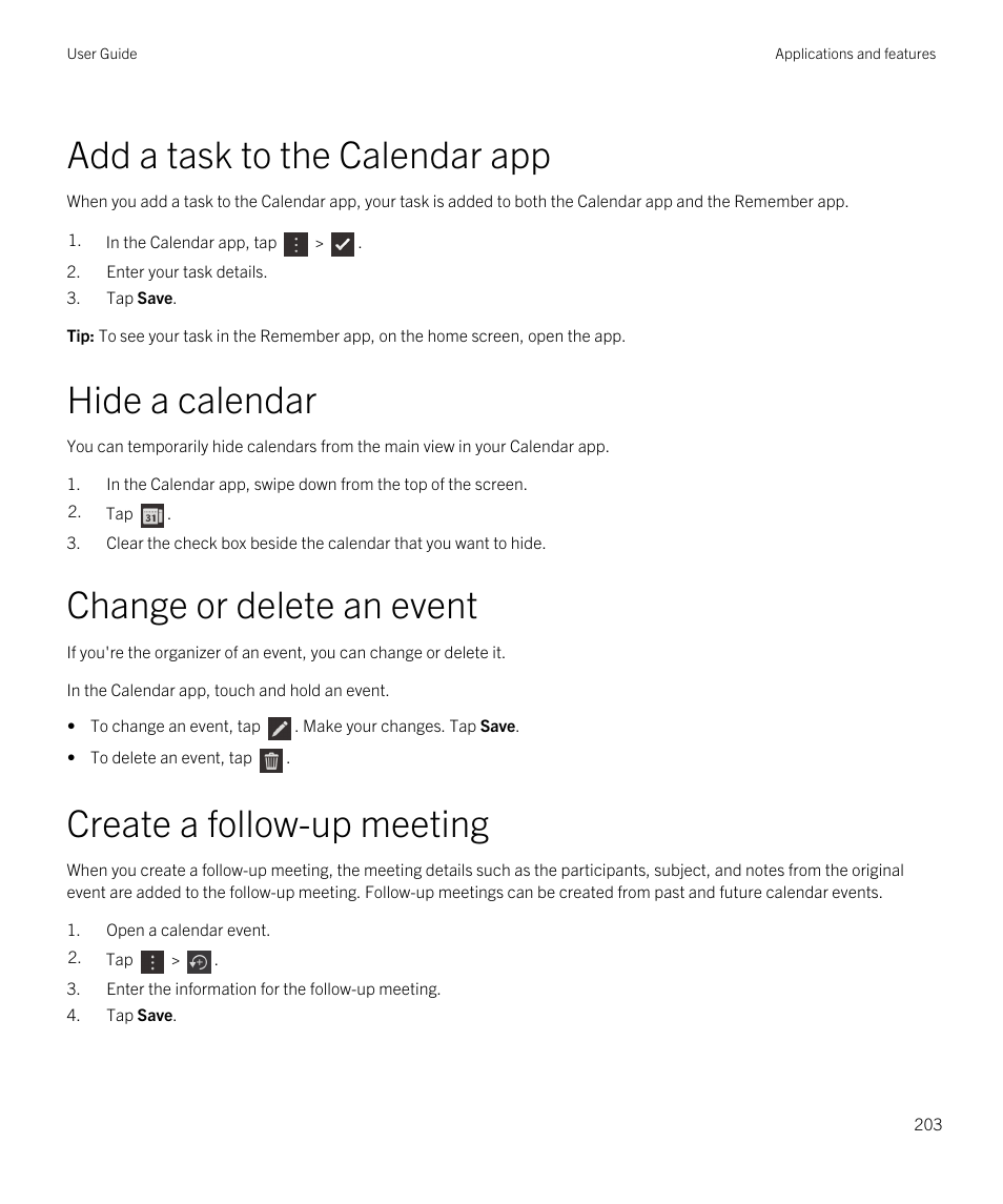 Add a task to the calendar app, Hide a calendar, Change or delete an event | Create a follow-up meeting | Blackberry Passport User Manual | Page 203 / 278