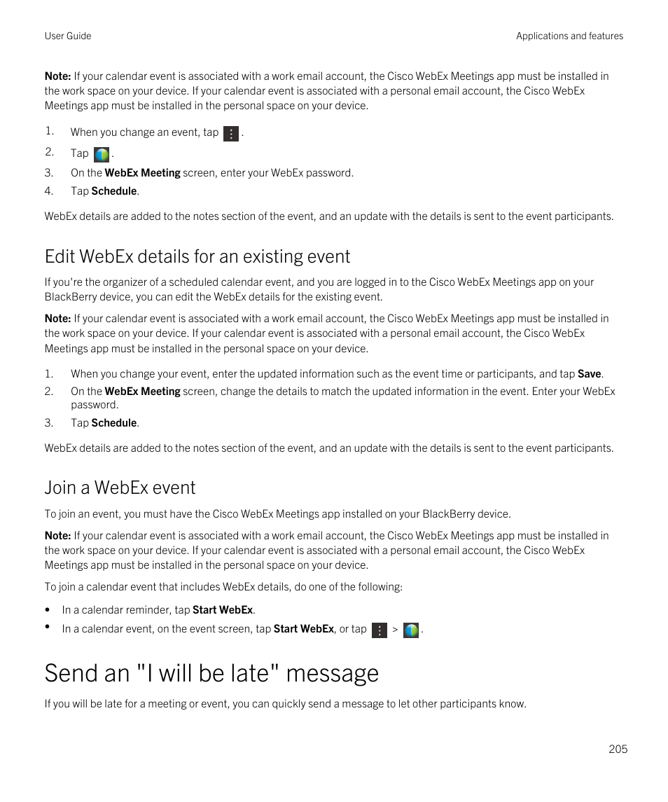 Send an "i will be late" message, Edit webex details for an existing event, Join a webex event | Blackberry Passport User Manual | Page 205 / 278