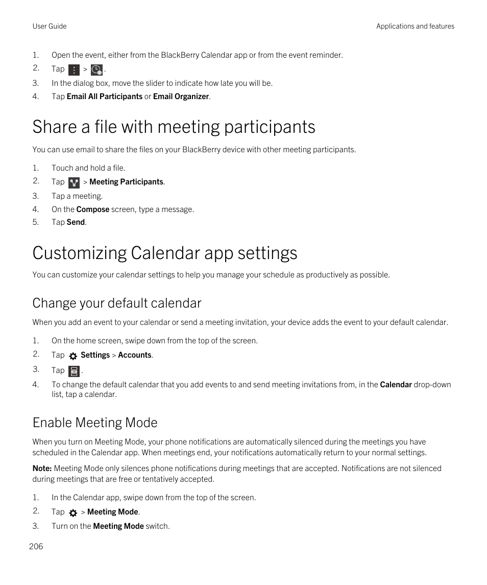 Share a file with meeting participants, Customizing calendar app settings, Change your default calendar | Enable meeting mode | Blackberry Passport User Manual | Page 206 / 278