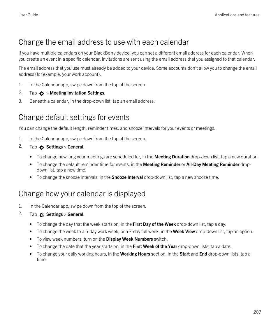 Change the email address to use with each calendar, Change default settings for events, Change how your calendar is displayed | Blackberry Passport User Manual | Page 207 / 278