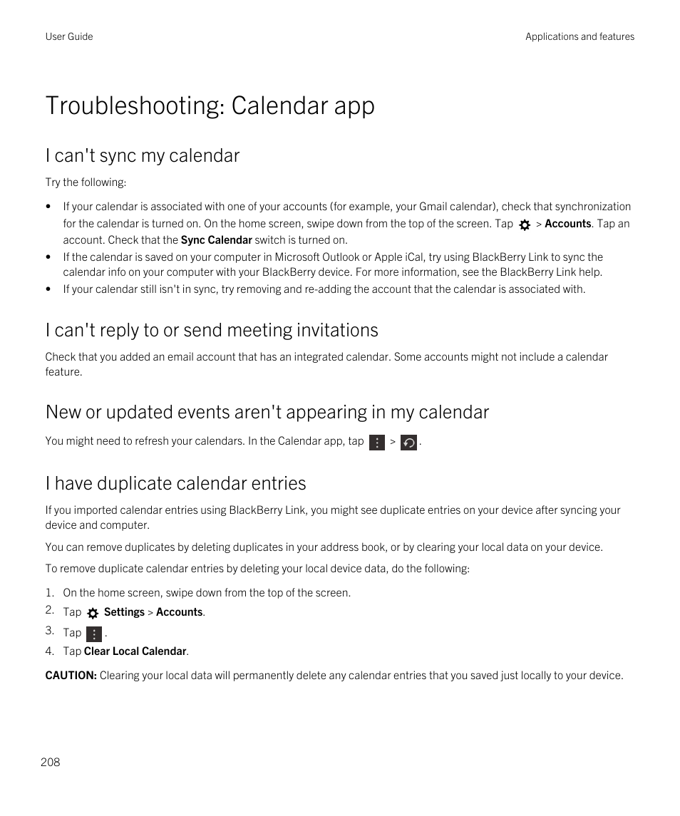 Troubleshooting: calendar app, I can't sync my calendar, I can't reply to or send meeting invitations | I have duplicate calendar entries | Blackberry Passport User Manual | Page 208 / 278
