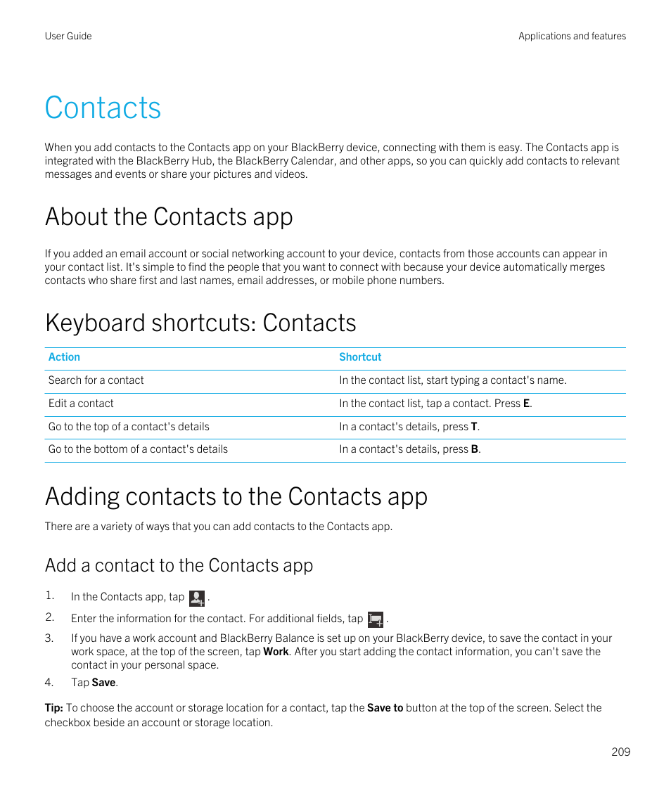 Contacts, About the contacts app, Keyboard shortcuts: contacts | Adding contacts to the contacts app, Add a contact to the contacts app | Blackberry Passport User Manual | Page 209 / 278