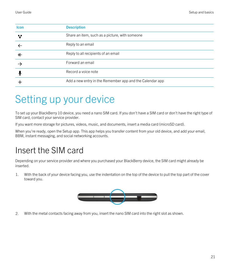 Setting up your device, Insert the sim card | Blackberry Passport User Manual | Page 21 / 278